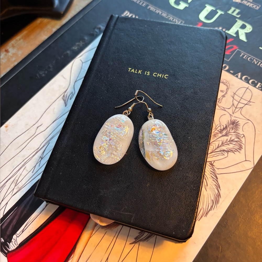 🆕Earrings Artisan White Iridescent Dichroic Glass Oval Drop Silver Hook #Spring🔟